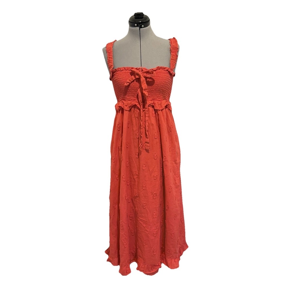 Farm Rio‎ smocked bodice 3D tonal pineapple embroidery Coral/Red M Maxi Dress
